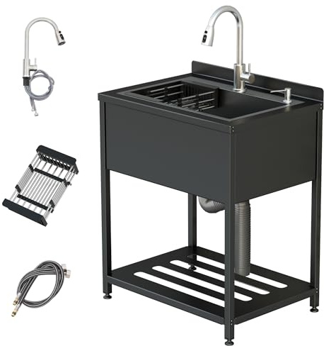 Stainless Steel Utility Sink, 25.7 × 20.7 × 39.5Freestanding Sink with Cold and Hot Water Faucet,Hoses and Drain Kit for Kitchens, Bathrooms, Garage, Laundry Room