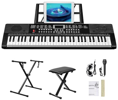 Bonnlo GEP-203 Clavier Piano 61 Touches avec Support & Tabouret de Piano, Haut-Parleurs Intégrés, Casque, Microphone, Pupitre, Écran LED, 3 Modes d'apprentissage pour Piano Débutants, Noir