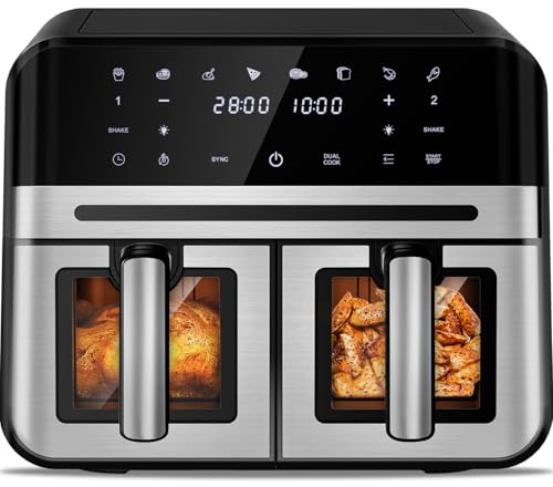 Fukstern Airfryer,Heißluftfritteuse 2 kammern,8 Programme,Heissluftfritteuse mit Touchscreen,Spülmaschinenfeste Körbe,Heissluftfritteuse Doppelkammer Air fryer 9L,Match & Synchronisierungsfunktion