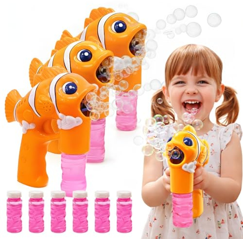 Pistola de Burbujas - Set de 3 - AMATOYS - Máquina de Pompas Automática con Luces - Forma de Animales - Pomperos para Niños y Niñas - Juguete para Piscina y Verano (PEZ_Naranja)