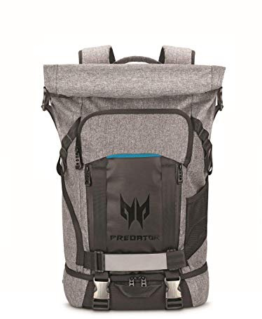 acer Predator Rolltop Gaming Backpack, Water Resistant Lightweight Travel Backpack Fits and Protects Up to 15.6 Gaming Laptops, Grey with Teal Accents