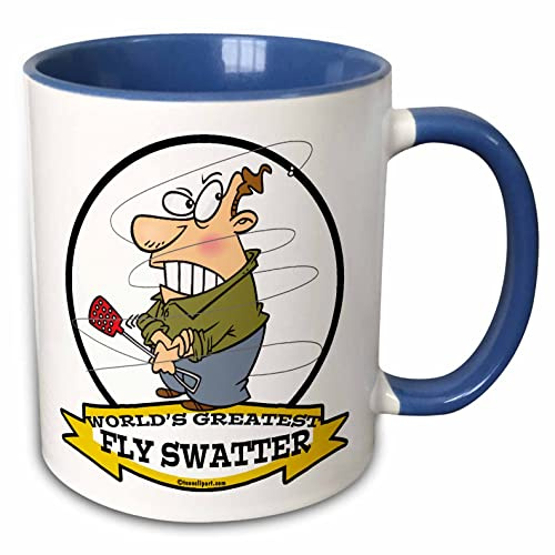 3dRose Funny Worlds Greatest Fly Swatter Cartoon 15oz Two-Tone Blue Mug