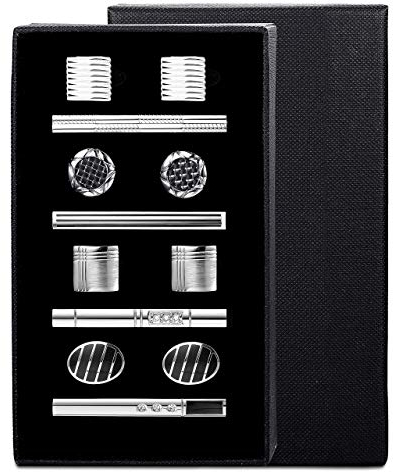 Milacolato Herren Manschettenknöpfe Krawattennadel Krawattenklammer Set,Shirt Zubehör, Edelstahl für die Hochzeit,Silber Schwarz, Für Weihnachtsgeschenke