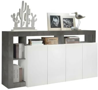 Vente-unique Buffet SEFRO - 4 Portes et 4 niches - laqué et béton, Blanc / Gris