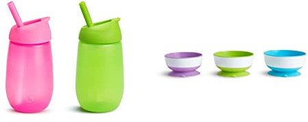 Munchkin Simple Clean Straw Cup, 10oz/296ml, 2 Pack, Green/Pink & Stay Put Suction Bowls with Suction Cup, Pack of 3, Blue/Green/Purple