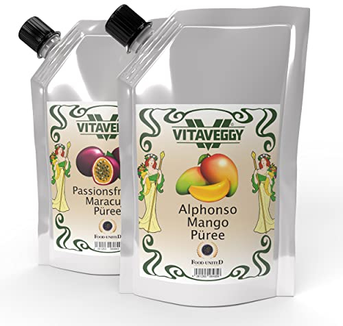VITAVEGGY Frucht-Püree MARACUJA MANGO Mix 2x 1kg Fruchtpüree-Set von Food-United mango-passion-fruit-puree für Mango-Maracuja-Saft-Smoothie Chutney Pickle Sorbet Cocktail (2)
