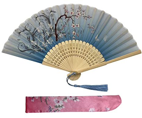 Kibon Folding Fans, Handheld Fans, Hand Fans, Bamboo Fans with Tassel for Birthday Gifts Dancing Cosplay Wedding Party Props Decoration (Blue water grass)