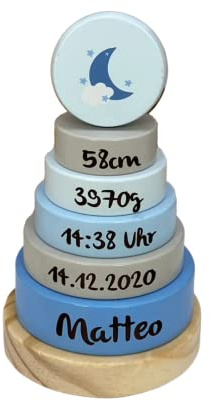 KIDSLINO Tour empilable lune bleue I Cadeau de naissance I Gravure I Tour empilable avec nom et dates de naissance I Cadeaux personnalisés pour bébé