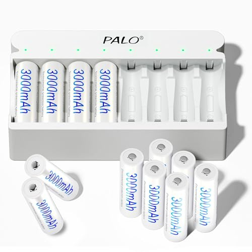 Mspalocell AA laddningsbara batterier med laddare, 8 platser 5V/2A USB portabel snabbladdning för 1,2V Ni-MH batterier, oberoende laddning, 12 laddningsbara AA batterier med laddare