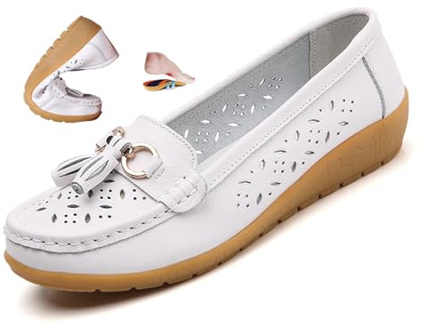 Mocassins orthopédiques pour femme en cuir respirant, mocassins d'été à enfiler confortables pour le travail, la marche, blanc, 41 EU