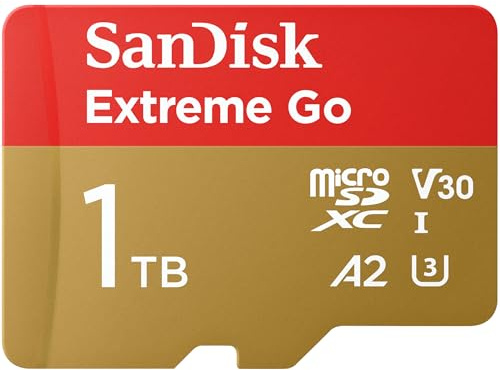 SanDisk 1TB Extreme Go micro SDXC kort + SD adapter (För Android-enheter, bärbara datorer och handhållna spelkonsoler UHS-I, upp till 200 MB/s, V30, 5K, 4K, UHD, Rescue PRO, C10, U3) För Amazon