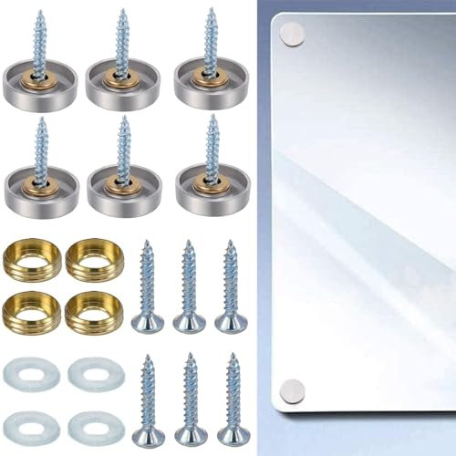 32 Pcs Mirror Screws Cap Covers Brushed Mirror Nails Polished Stainless Steel Mirror Screws Cap Nail with Washers Chrome Screw Caps (screws, anti-skid pads, copper rings, silver nail caps - 8 each)