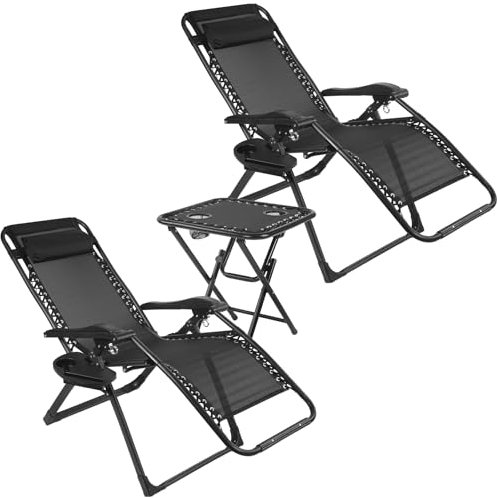 generisch 3-teiliges Klappbarer Liegestuhl Set mit Beistelltisch & Getränkehalter, Verstellbare Rückenlehne & Fußteil, Relaxliege für Garten Urlaub Atmungsaktiv Gartenstuhl,Strandliege Schwarz