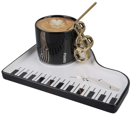 Kreativ pianokaffekopp, 200 ml musiknoter keramisk kaffekopp, koppar tefat set cappuccino koppar med fat och sked, porslin musikkopp, espressokopp för musikälskare