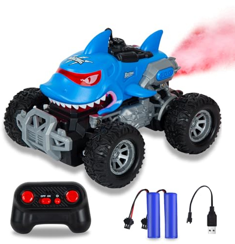 BORSTOYPRO Ferngesteuertes Auto für Kinder, Ferngesteuerte Hai Monster Truck für Mädchen, RC Monster Truck Shark Car mit Spray LED Licht, Geschenk Spielzeug für Jungen Kinder