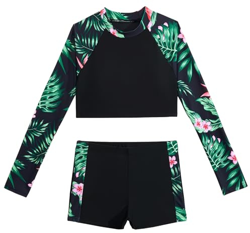 SEAUR 2 Pièces Maillot de Bain Fille Manches Longues Ensemble Rashguard Protection Solaire Rash Guard Séchage Rapide - 140