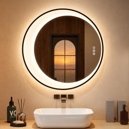 STARLEAD Specchio Bagno Rotondo LED con Bluetooth, 80cm Specchio Mezzaluna Antiappannamento, Bordo Nero Senza Cornice, Dimmerabile 3 Colori, Funzione Memoria, Vetro Temperato HD, IP44