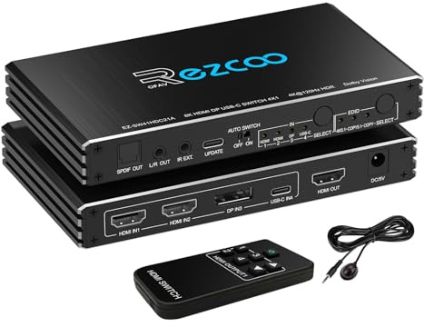 Conmutador HDMI 2.1 4K a 120Hz 4x1 USB C DP1.4 de 4 puertos con extractor de audio (óptico y salida de 3.5 mm) VRR ALLM HDCP 2.3 HDR Dolby Vision/Atmos Audio óptico para PS5, Xbox, juegos, control