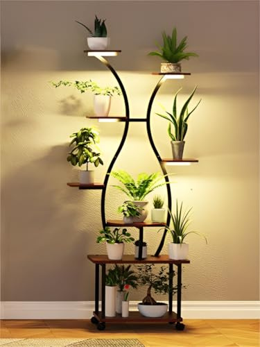 Probapro Pflanzenständer mit Vollspektrum-Pflanzenlicht - 8 Ebenen Blumenregal 155cm aus Metall & Holz - Dekorativer Blumentreppe für Innen & Außen, Balkon und Garten (mit Rollen)