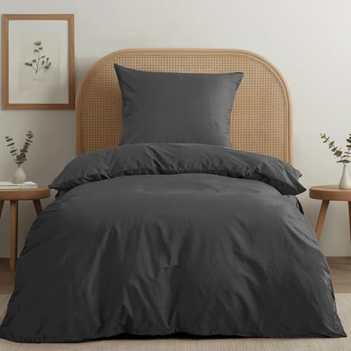 Dreamzie Funda Nordica Cama 90 de Algodon Percal – Gris Oscuro – Ropa de Cama 135x200, 1 Funda Nórdica + 1 Funda de Almohada 80x80 – 2 Piezas