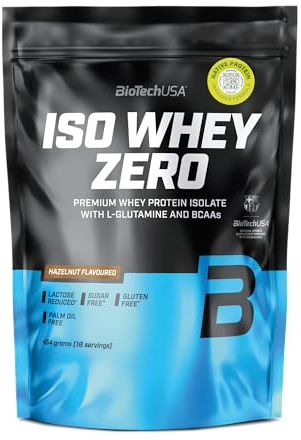 BioTechUSA Iso Whey Zero | Premium Whey Protein Isolate | Grass-Fed | Enzyme-Free | Sugar- and Gluten-free, 454 g, Hasselnöt | Med BCAA & glutamin | Laktosreducerad, sockerfri, glutenfri | 21 g protein per portion | 454 g, hasselnöt