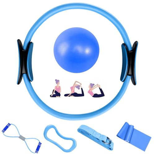 Aischens Set de Anillo de Pilates - 6 Piezas, Kit de Pilates en Casa, Círculo Mágico, Aro de Pilates, Pelota y Bandas Elásticas, Kit de Entrenamiento Accesorios para Ejercicios de Yoga Fitness (Azul)