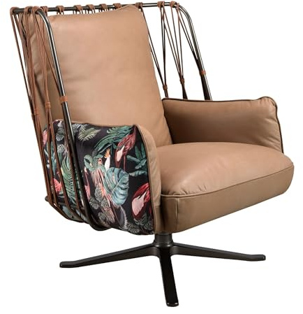 Angel Cerdá – Sillón Giratorio Tapizado en Piel Marrón y Tela Estampada – Diseño Moderno, Envolvente y Funcional – 76 X 82 X 78 Cm – Base Giratoria de Acero Negro y Respaldo Ergonómico Acolchado