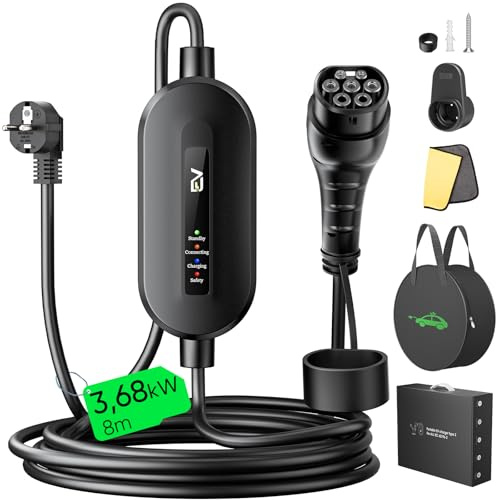 Evjuicion Cable de Carga para Coche eléctrico Tipo 2 Schuko de 3,68 kW (1 Fase, 8 m, 16 A, IP67), EV Chargers con luz indicadora, Cargador EV para ID.3/4, X1, 5ER, Modelo Y/3, y Otros EV