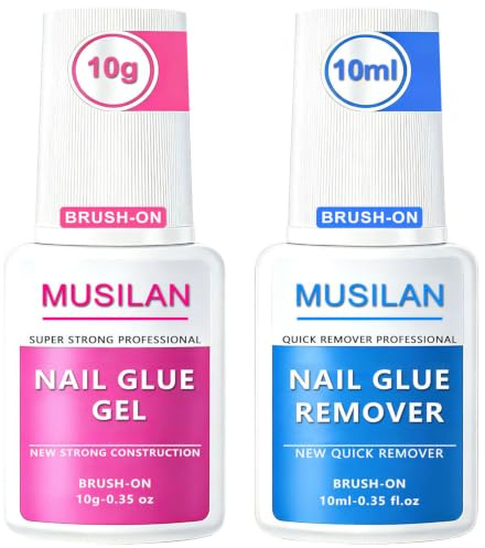 MUSILAN Extra starkt nagellim med nagellimborttagare för naglar 10 g/10 ml | Salong kvalitetsflaskor läckagesäker med borste superstark snabbtorkande nagellim för press på & tips, startsida resor