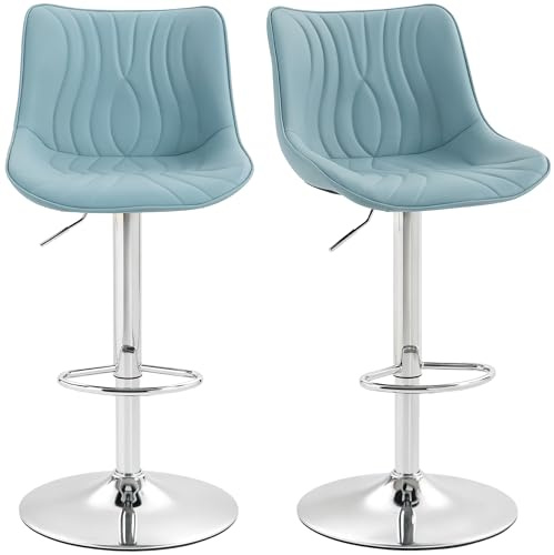 HOMCOM Lot de 2 tabourets de Bar, chaises de Bar, Structure en Acier, Hauteur réglable 92-110 cm, chaises Hautes avec Dossier et Repose-Pieds, Design Moderne, siège en polyuréthane, Bleu foncé