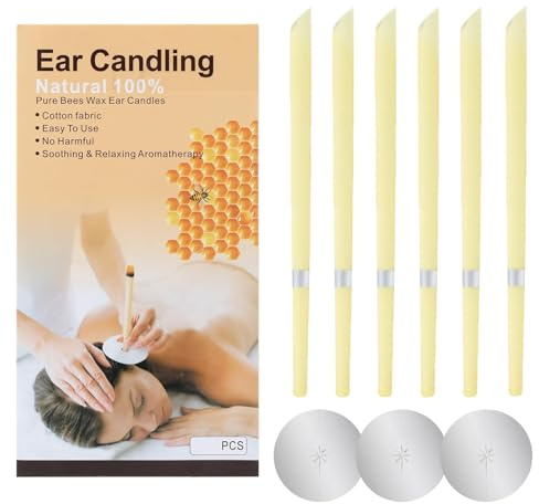 100% Natural Organic Beeswax Hopi Ear Candles,6 Hand-Crafted Candles for Wax Removal Medical Grade with Safety Disc and Double Wax Removal Filter Relaxing Free Ebook