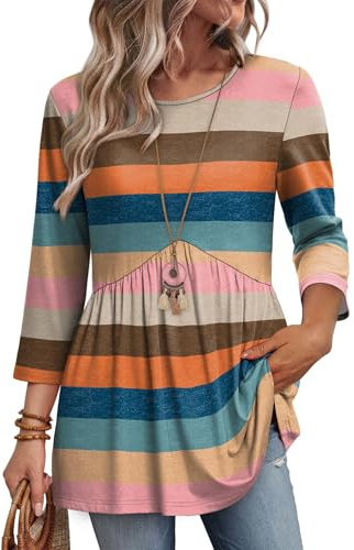 OFEEFAN Tops for Women Trendy 3/4 Length Sleeve Womens Top Blouses for Women Dressy Casual Tunics or Tops to Wear With Leggings Peplum Top Cruise Outfits Spring Fashion Stripe L