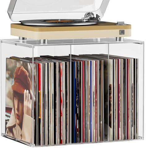 Bikoney Almacenamiento de Discos de Vinilo, Soporte de Acrílico Transparente y Apilable, Caja para más de 50 Álbumes, Expositor de Sobremesa para LPs de 12 y Singles de 7, Cristalino