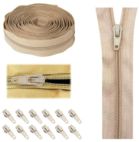 Zips for Sewing – Heavy Duty Continuous Zipper 5m, Beige Nylon Zips for Upholstery & DIY Craft, with 12 Sliders, Trimmable & Machine Washable (Size 3)