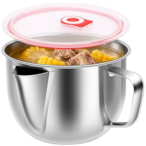 Fat Separator Jug with Spout & Lid 5.7in Reusable Gravy Separator Jug Stainless Steel Oil Filter Pot Gravy and Sauce Separator Kitchen Gadget Suitable for Broth Stew and Hot Pot
