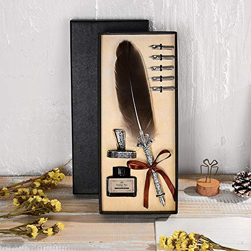Hyuduo Vintage Quill Pen Set, Rostfritt Stål med 5 Spetsar, Perfekt för Kalligrafi och Handstilspresenter för Bröllop och Evenemang (Grå)