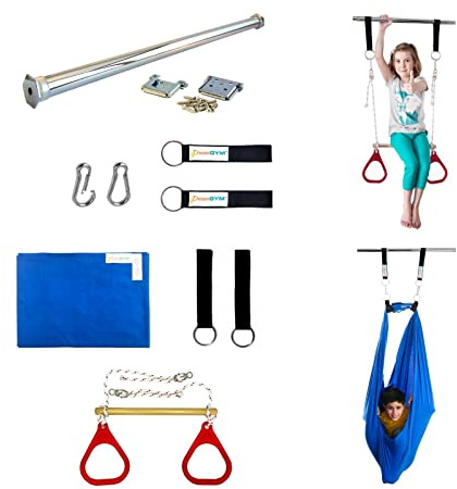 DreamGYM Doorway Sensory Swing Kit - Blue Compression Swing and Trapeze Bar with Red Gym Rings Combo