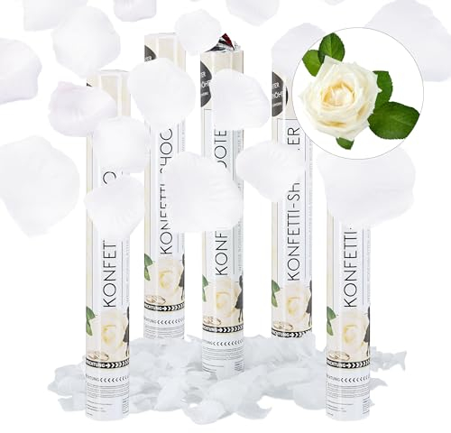 Relaxdays 5er Set Partypopper Rosenblätter, 40 cm, für Hochzeit und Verlobung, Konfettikanone bis 8 m Höhe, Konfettiregen, weiß