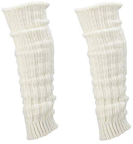 krautwear® Damen Mädchen 2 Paar Beinwärmer Stulpen Legwarmers Grobstrickstulpen mit Alpakawolle Alpaka Flauschig ca. 40cm 80er Schwarz Weiß Grau Beige (2x wollweiss)