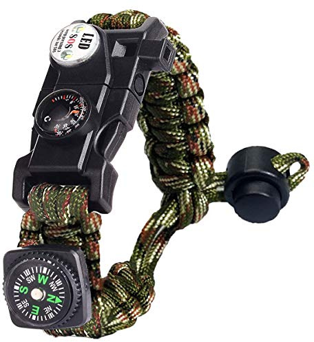 Paracord Survival Armband Kit für Herren Damen, Survival Armband mit Feuerstein + Kompass + Thermometer + Pfeife + Schirmseil + LED-Leuchte + Multi-Werkzeug + Kartenleser, zum Outdoor-Aktivitäten
