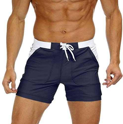 KEFITEVD Men's Quick Dry Swimming Shorts Sexy Beach Board Trunks Summer Short Swim Pants with Adjustable Drawstring, Navy Blue, 34