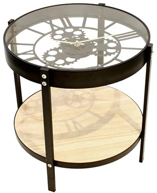 HOME DECO FACTORY - HD6446 Table Basse d'Appoint Ronde avec Horloge - Métal et Verre - Petit Modèle - Fonctionne avec Pile AA - Dimensions 40,5 x 40,5 x 39 cm - Couleur Noir et Transparent