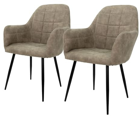 ECD Germany Lot de 2 Chaises de Salle à Manger, avec Dossier et Accoudoirs, Vert Olive, Revêtement en Simili et Pieds en Métal, Fauteuil Ergonomique de Salon Réception Bureau, Matériel de Montage