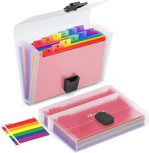2 Acordeon A6 Carpeta Archivadora con Indice de Etiquetas, Clear Rainbow Expanding File Folder, Se Puede Usar en el Hogar u Oficina, Almacenamiento Archivos, 13 Bolsillos