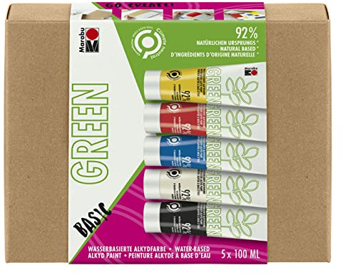 Marabu 1450000000080 - GREEN LINE Alkyd-Farbe Set Basic, 5x 100 ml auf Wasserbasis, klimaneutral, matt, lichtecht, wetterfest (nach 24h Durchtrocknung), 92 % aus natürlichen Rohstoffen
