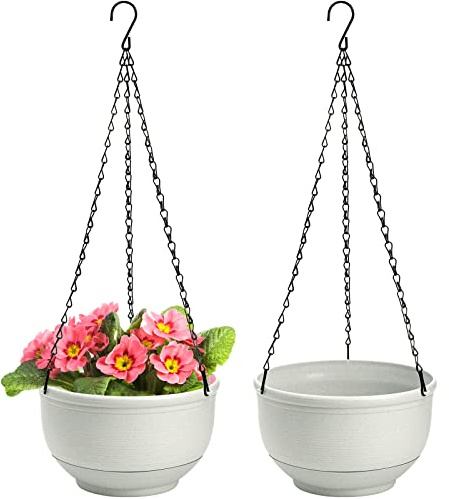 ZEAYEA Set of 2 Hanging Planter, 9 Inch Self Watering Hanging Flower Pot for Indoor Outdoor Plants, Plastic Plant Pot Container with Hanging Chain for Home Garden Decoration, White