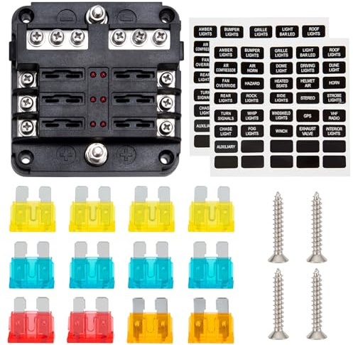 Portafusibili Auto Scatola dei Fusibili a 6 vie Lama con Indicatore LED e Autobus Negativo per 12V Auto Barca Camion Furgone SUV