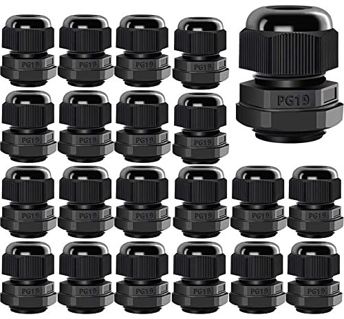 Gebildet 20Pcs PG19 Kabelgenomföring, Plast Vattentät Justerbar 12-16mm IP68 Kabelgenomföring med Gummipackningar, M24*1.5 Trådkontakt, Trådskydd (Svart)