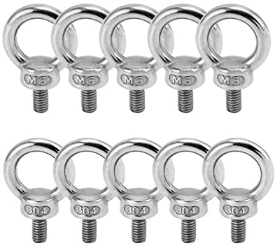 QWORK M6 Shoulder Lifting Eye Bolts, Pack of 10, 12mm Male Thread, 304 Stainless Steel Ring Eyebolts, Metric Thread Pitch 1mm for Machinery Hoisting, Wire Rope, String Lights, Clotheslines