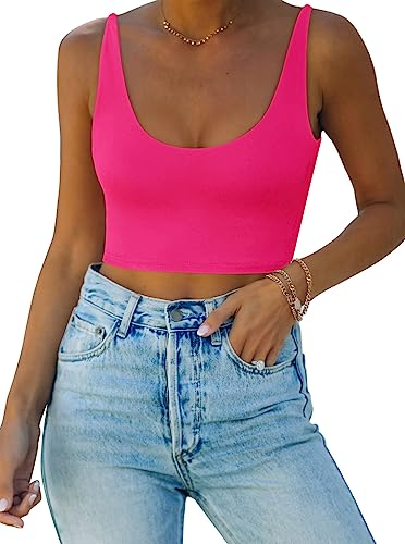 REORIA Damen Sexy Top mit tiefem U-Ausschnitt doppelt gefüttert nahtlos ärmellos kurzes Cami Tanktop Yoga Crop Tops Neon Rosenrot M